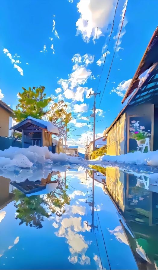 蓝天白云倒影雪景