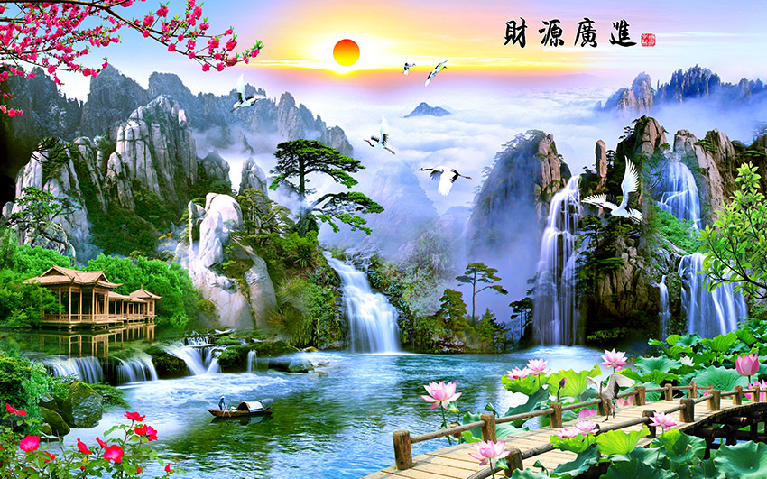 中式瀑布山水仙鹤