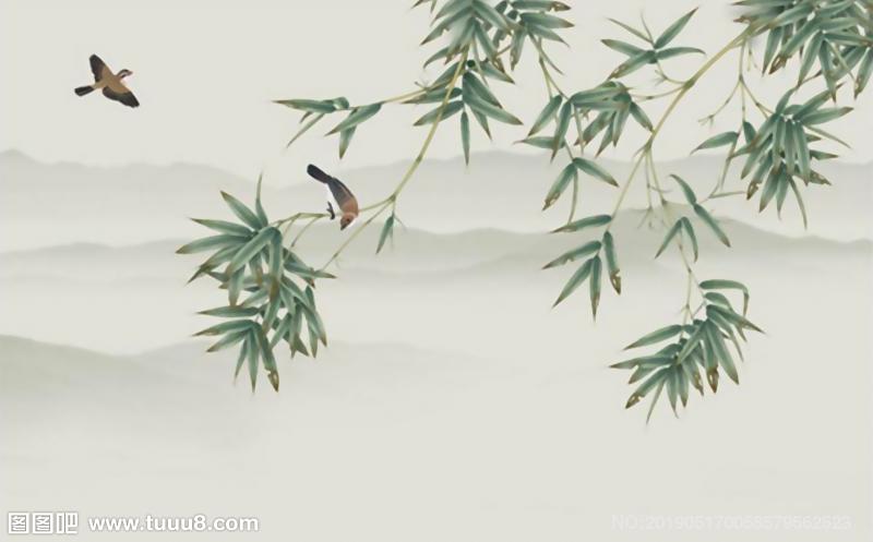 水墨山水竹子鸟背