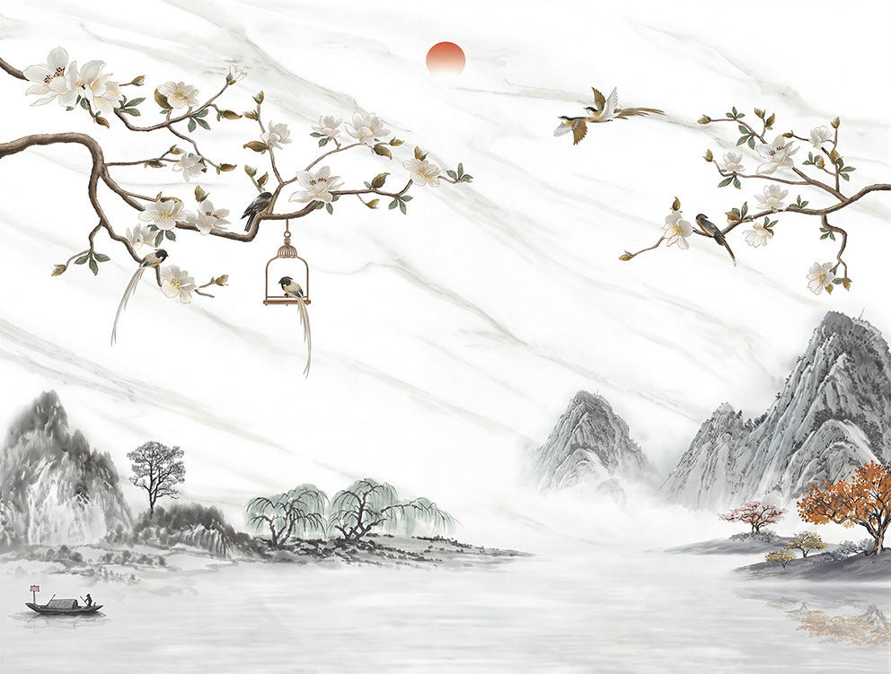 新中式玉兰花鸟山