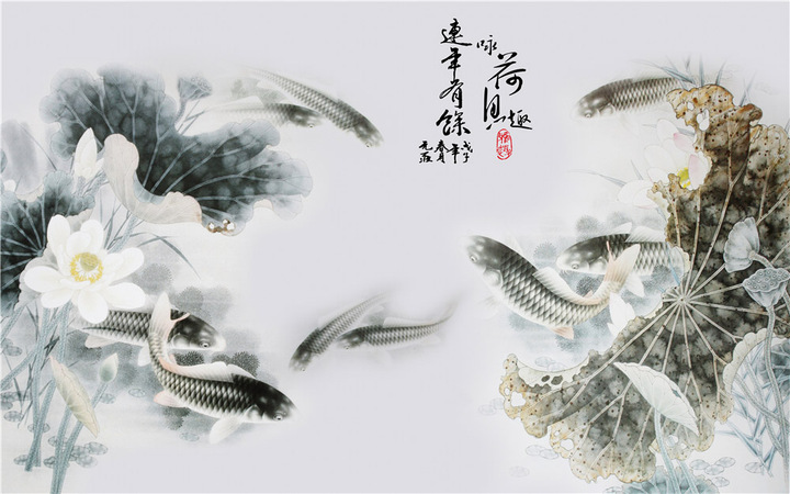 中式水墨荷花背景