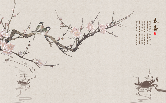 新中式手绘花鸟春