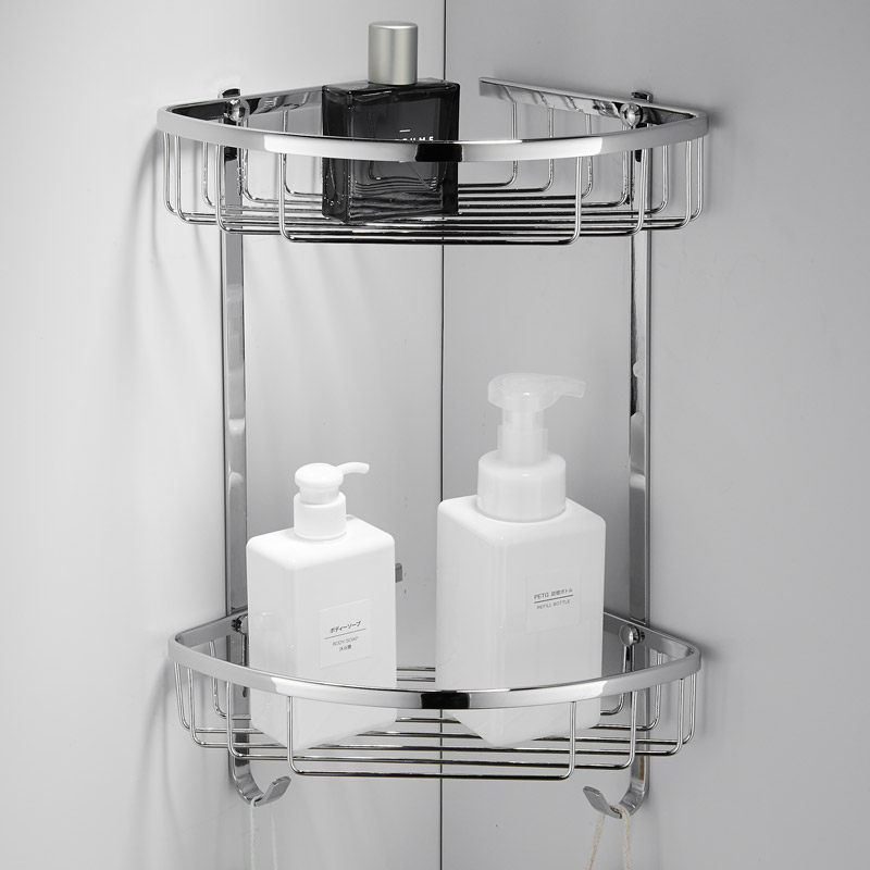 Xisen bathroom silver triangle storage basket all copper double-layer corner mesh basket dressing room hook-type storage shelf