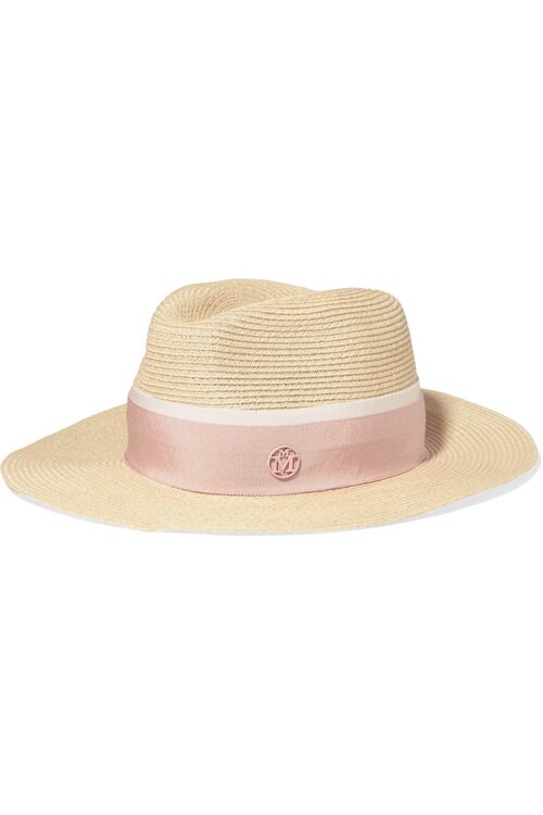 MAISON MICHEL Sand Woven Grosgrain Trim Logo Embellished Women's Straw Hat