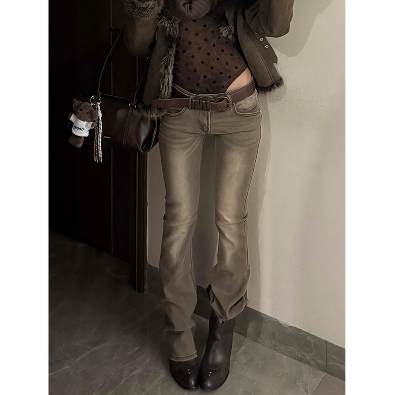 American High Street Style Distressed Low-Rise Jeans for Women, Y2K Millennial Trendy Niche Melard Floor-Length Pants