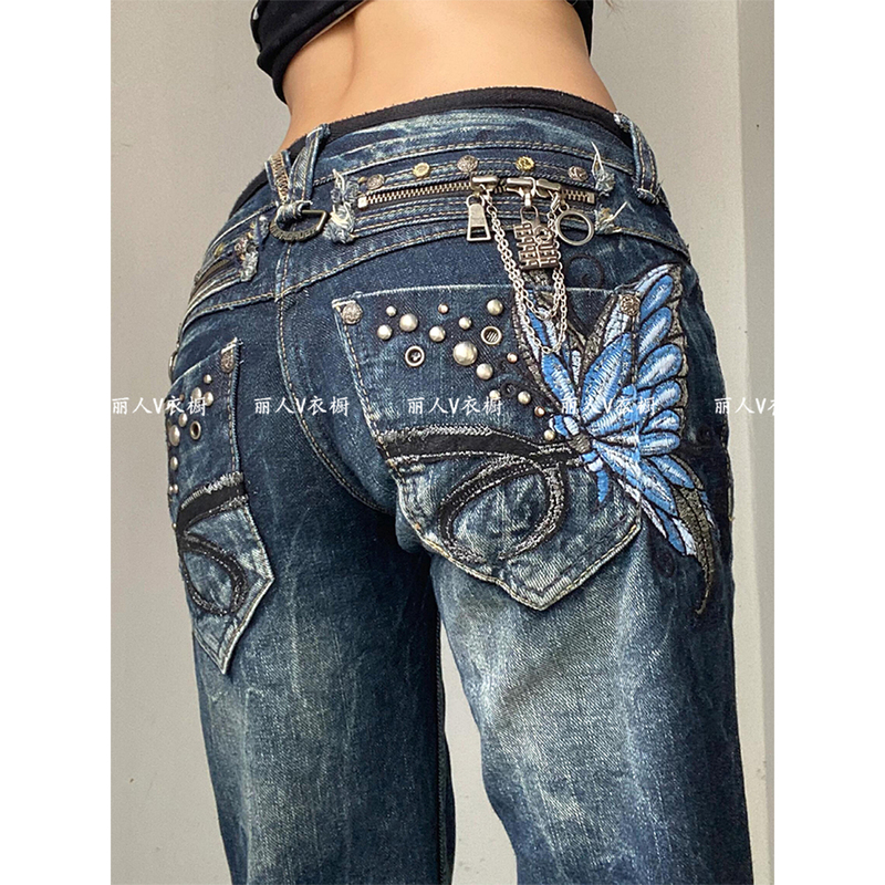 American High Street Heavy-Duty Butterfly Embroidered Flared Jeans for Women Y2K Millennium Hot Girl Slimming Low-Waist Bell-Bottom Pants