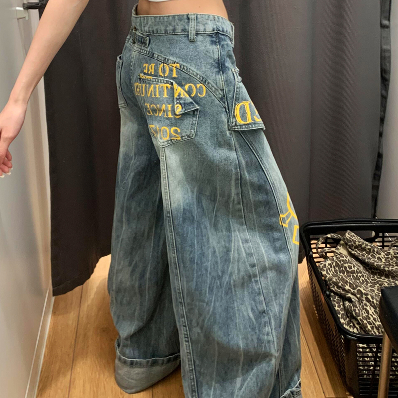 American-Style Spicy Girl Design with Contrasting Letter Print Jeans for Women, High Street Patchwork Fake Two-Piece Wide-Leg Pants