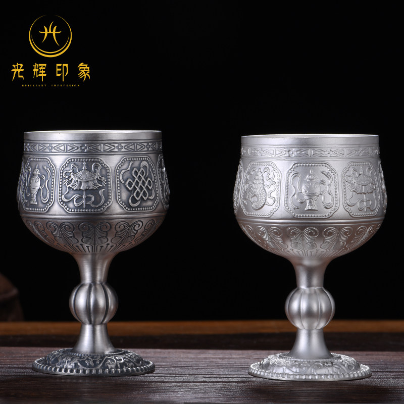 S999 sterling silver eight auspicious pure handmade old retro small wine glass goblet white wine glass sterling silver household antique
