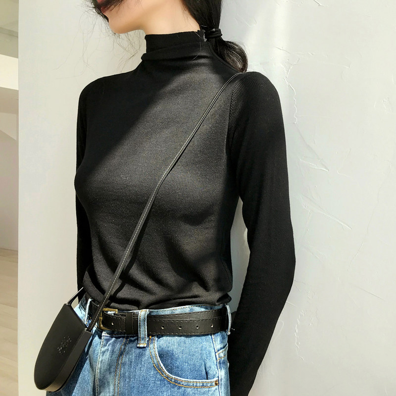 Threaded cotton semi-high neckline undershirt spring new body slim fit 100 lap large elastic long sleeve T-shirt blouses woman