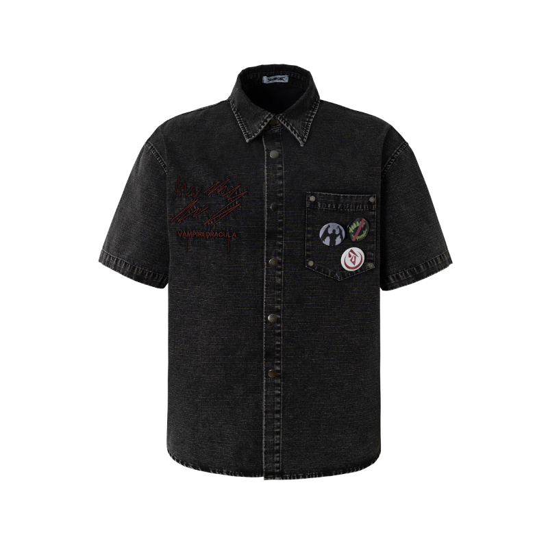 2727World Pharaoh Heavy Washed Dark Grid Badge Short-Sleeve Shirt American Retro Street Style 2727World Pharaoh Heavy Washed Dark Grid Badge Short-Sleeve Shirt American Retro Street Style