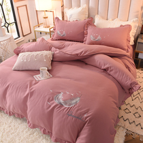 Net red hotel style feather embroidered bed skirt four-piece bed cover cotton cotton cotton quilt cover girl heart sheet summer