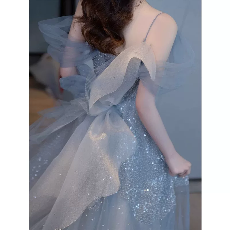 Blue evening dress for students, small princess costume, lifting effect