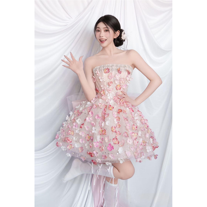 Sweet Strapless Bridal Engagement Wedding Dress, Short Toast Dress, Forest Style Student Birthday Coming-Of-Age Ceremony Princess Dress