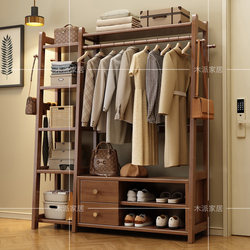 Solid Wood Coat Rack Floor Bedroom Hanger For Home Storage Rack Shoe Changing Stool Integrated Storage Rack Indoor Clothes Rod