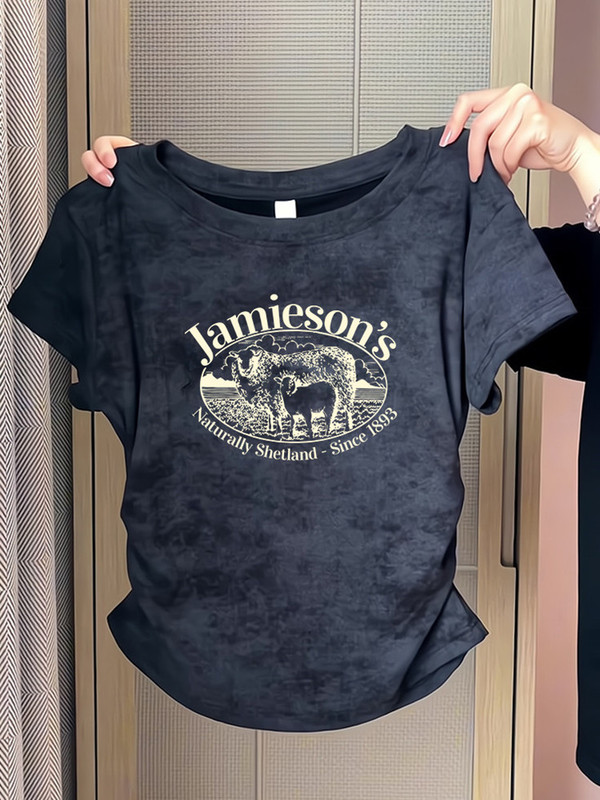 Women's Tie-Dye Vintage Sheep Herding Style Pure Cotton Plus Size Short-Sleeve T-Shirt with Ruched Gradient Dyeing Korean Chic Short Top