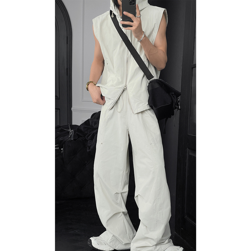 Longdodao Summer New Design American High Street Workwear Sleeveless Hooded Vest Set Men's Casual Long Pants Trendy