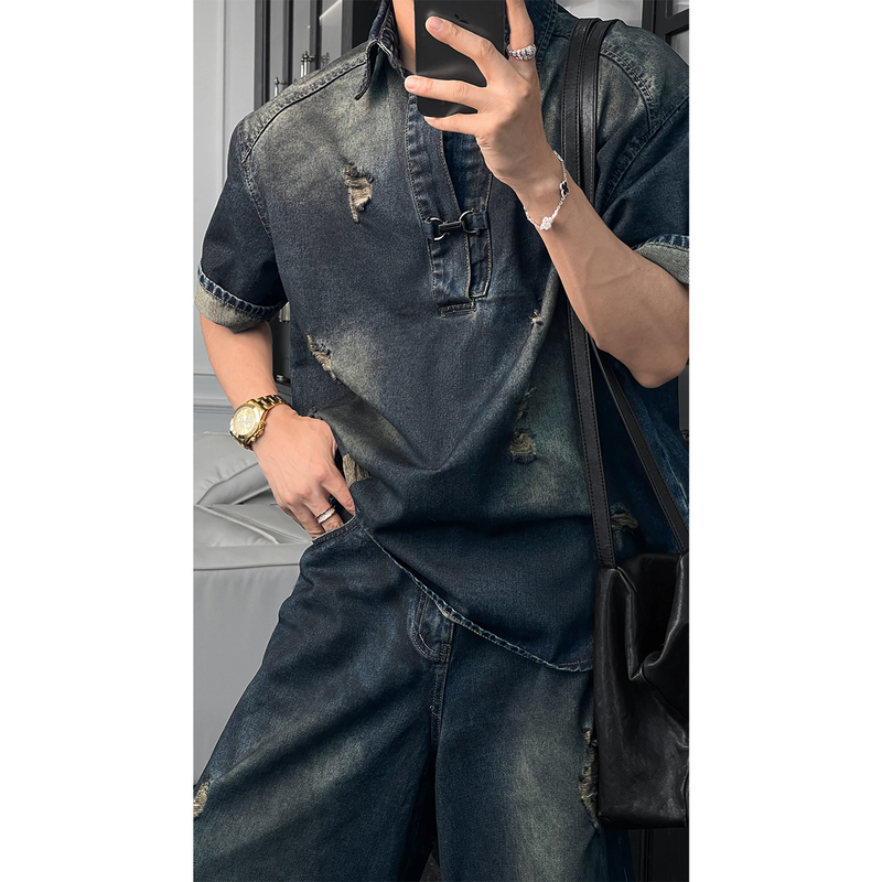 Longtaodao 2026 Spring/Summer New American Retro Distressed Versatile Short-Sleeve Denim Jacket and Wide-Leg Pants Set