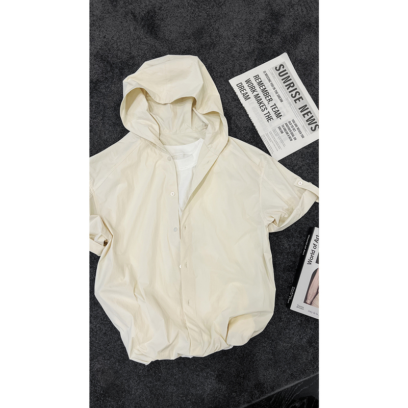 Longdaodao 2026 Summer New American-Style Simple Fake Two-Piece Loose Hooded Sun-Protective Thin Short-Sleeve Loose Shirt