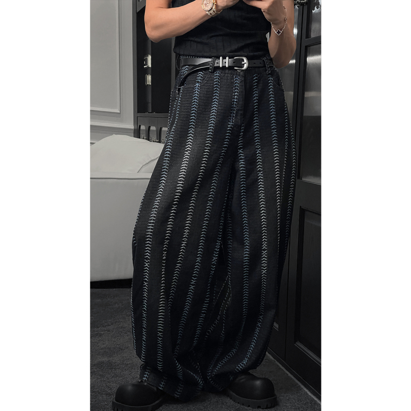 Longdao 2026 Summer New Product American Retro Vertical Stripe Wave Pattern Design Wide-Leg Versatile Loose Denim Pants