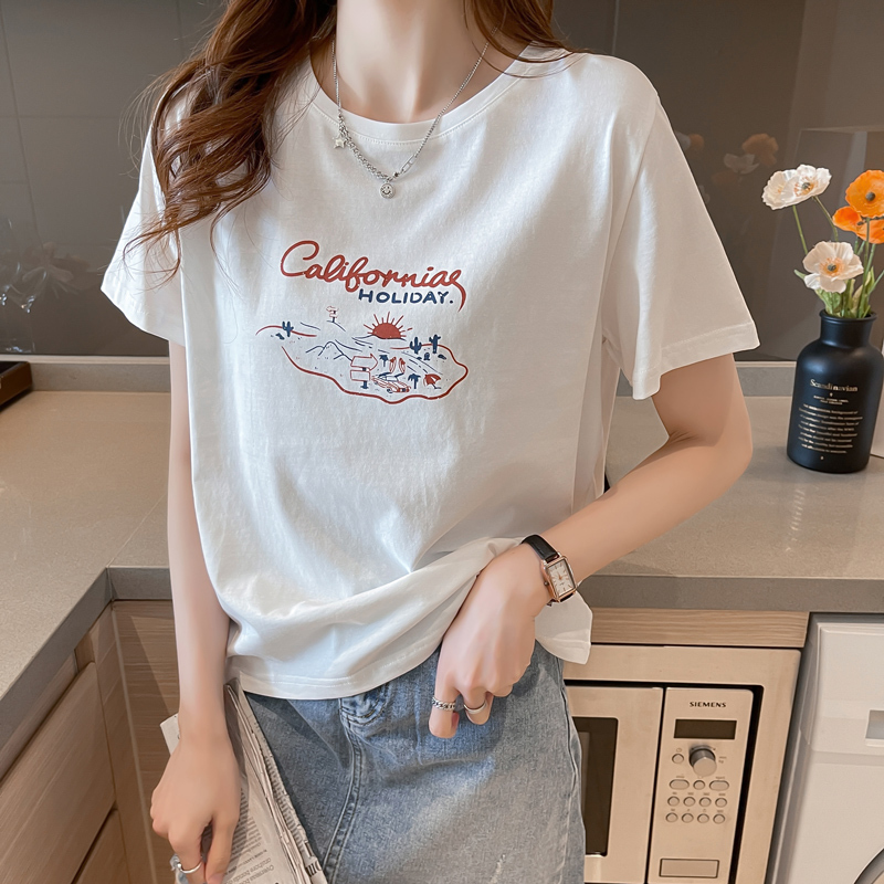 Big Sale Special Price Leakage Summer Pure Cotton Short-Sleeved T-Shirt Women's Loose Student Letter T-Shirt White Bottoming Shirt Top