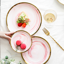 Nordic marble gilt ceramic plate Western plate steak plate cake plate snack plate creative household dish plate