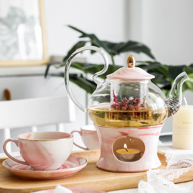 Nordic creative marble ceramic glass flower tea kettle set afternoon tea, floral tea set, candle heating base