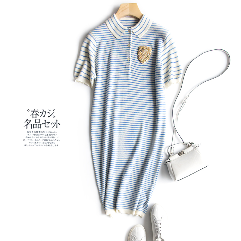 2026 Spring/Summer Striped Youthful Casual Fashion Water Ripple Knit Lapel Handmade Polo Collar Slimming Classic Top