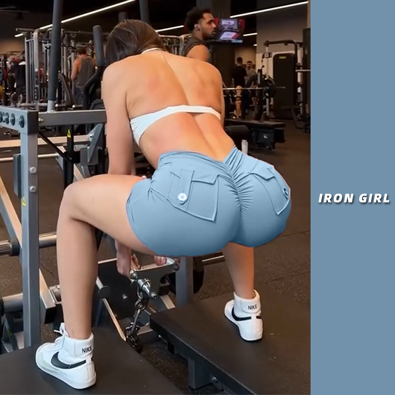 Irongirl Yoga Shorts for Women, High-Waisted Peach Butt Sports Leggings, Sexy V-Waist Pocket Fitness Shorts