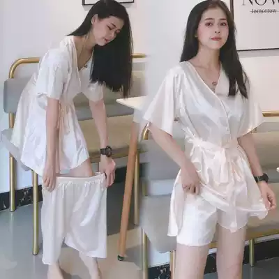 ins pajamas female summer suit new jumpsuit nightgown female summer ice silk suit outside wearing Korean loose student cute