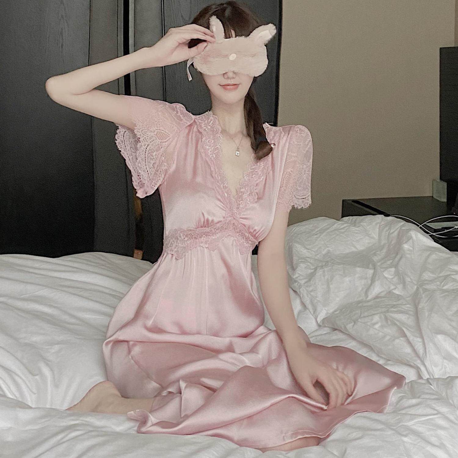 Sexy Short Sleeve Long Version Sleeping Dress Woman 2021 Summer thin Thin Lace Pyjamas Lean to Thin Retro Ocean Dress Lady Tide