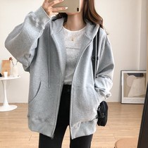 Autumn hooded sweater female 2020 Korean loose slouchy slim Joker top cardigan zipper casual coat tide