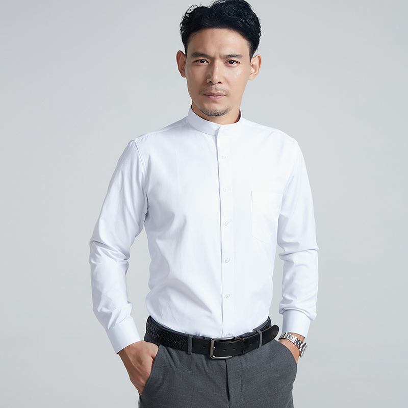 Zhongshan Suit Middle-Aged Men's Business Casual Long-Sleeved Shirt Stand-Up Collar Shirt Plus Size Men's Suit with Shirt
