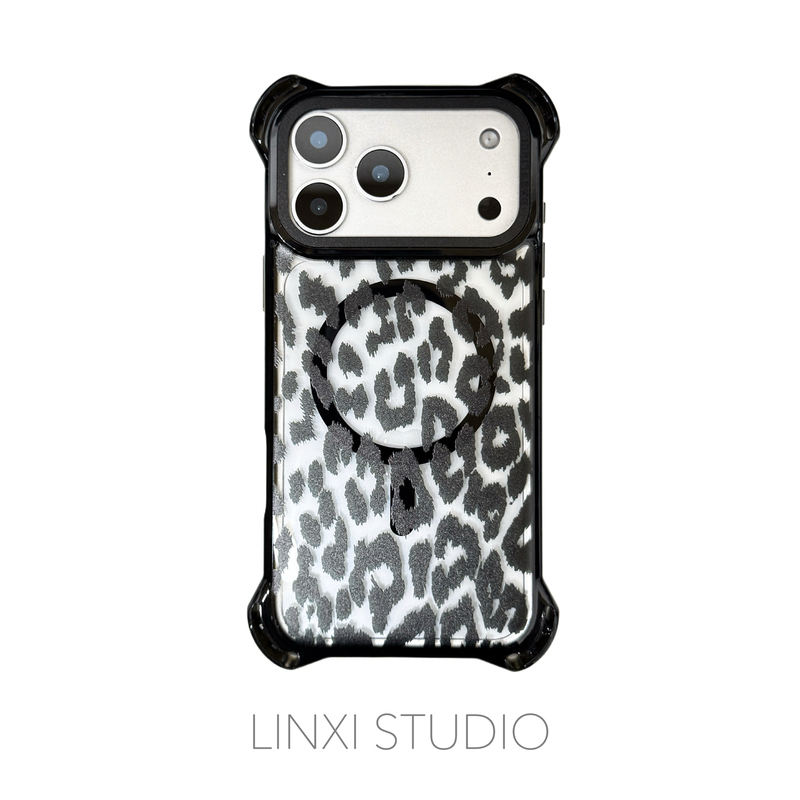 High-Definition Transparent Graffiti Leopard Print Magnetic Stand Large Four-Corner Anti-Drop Airbag Phone Case Suitable for Apple 16 Pro Max Protective Case 17 Black Border 15 European and American Style Original Niche Design Lanyard