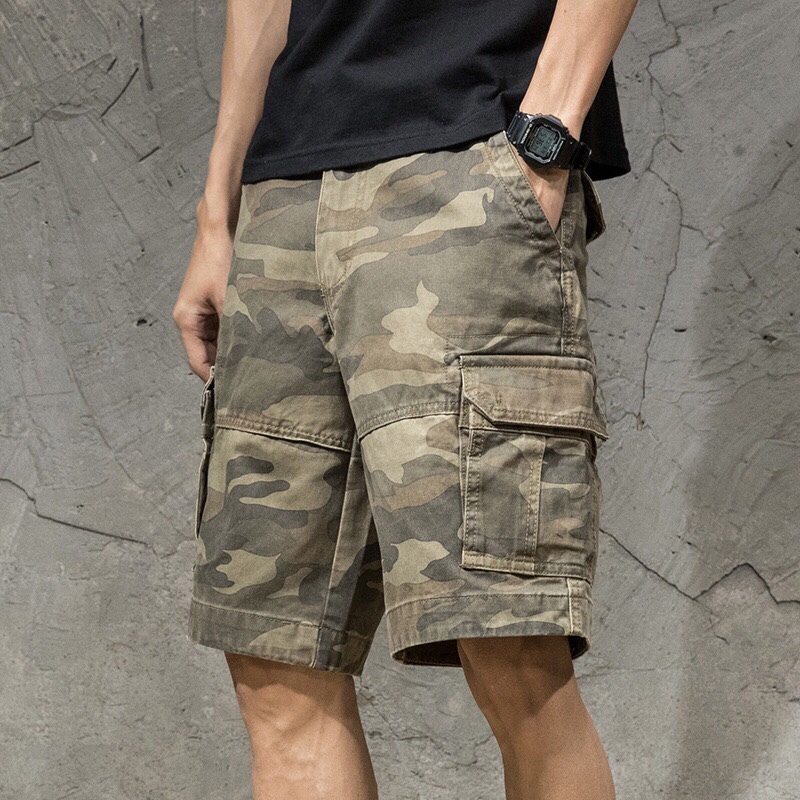 American Retro Men's Outdoor Loose Multi-Pocket Sports Camouflage Cargo Shorts Straight-Leg Knee-Length Summer Shorts