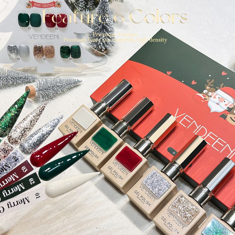 Vendeeni New Year Red Christmas Set 6 Colors Vintage Green Glitter Solid Color Gel Christmas Nail Salon Special Gel