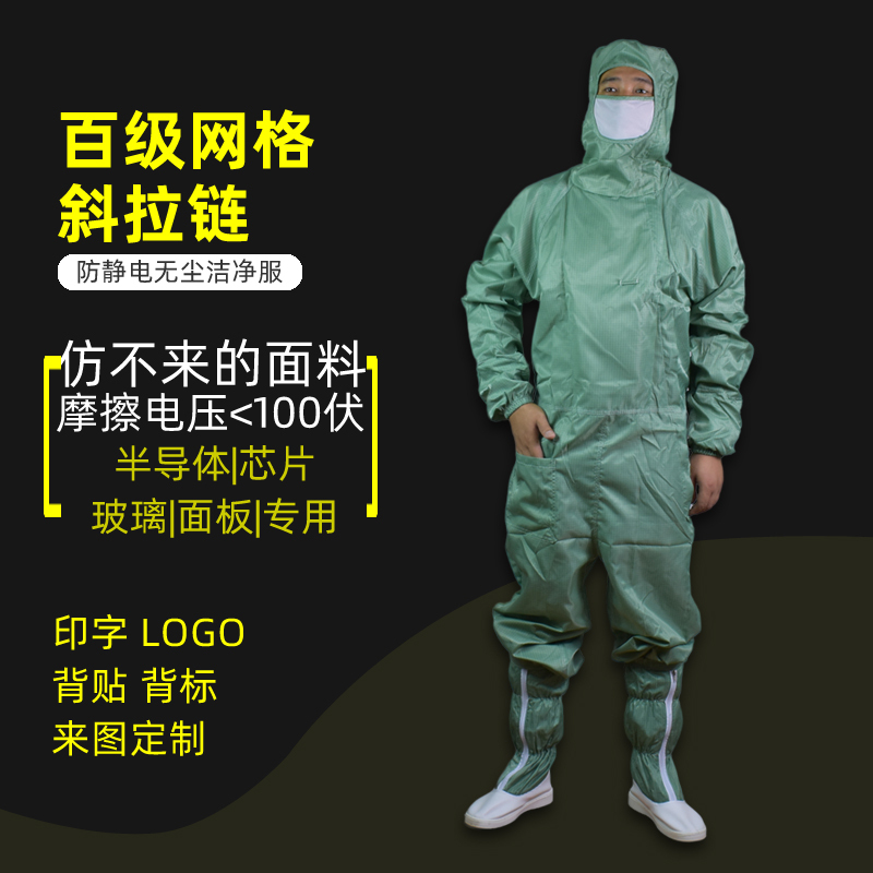 Class 100 Anti-Static Workwear, Dust-Free Suit, One-Piece Diagonal Zipper Mesh Green Cleanroom Suit, Semiconductor with Shoe Cover Purification