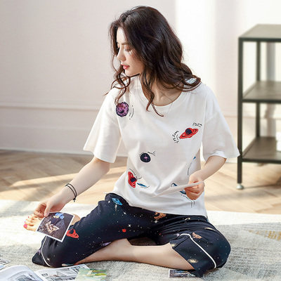 Sleepwear Woman Summer Pure Cotton Two Sets Short Sleeves Seven Pants Korean Version Sweet And Cute Spring Autumn Thin full cotton Home Suits Summer