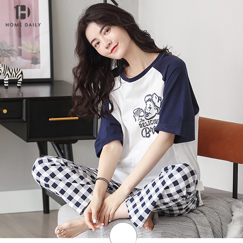 Pajamas women's summer pure cotton short-sleeved trousers Korean version thin section loose plaid spring and autumn cotton home clothes two-piece summer