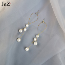 2021 new fashion earrings womens round face thin temperament exaggerated earrings long pearl drop earrings sterling silver stud earrings