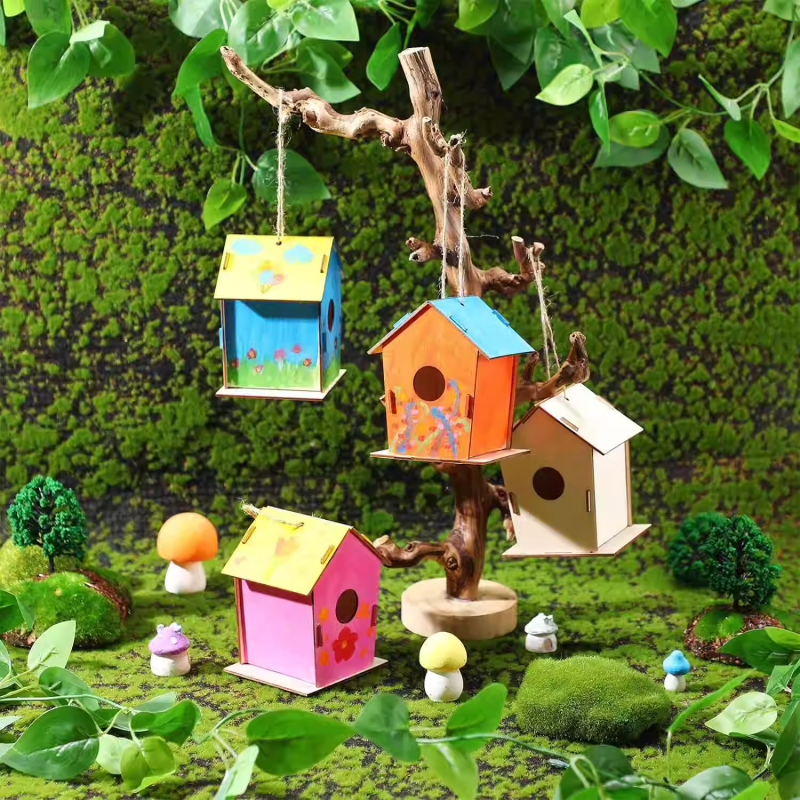 DIY Wooden Blank Birdhouse Materials for Assembling, Children's Creative Coloring and Painting Bird Nest Decoration Hanging Wooden House
