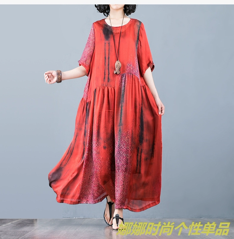 Jin Zhaocheng 2019 dài của phụ nữ dài bất thường swing lụa in đầm khí chất váy dài dây đeo hai mảnh - Sản phẩm HOT