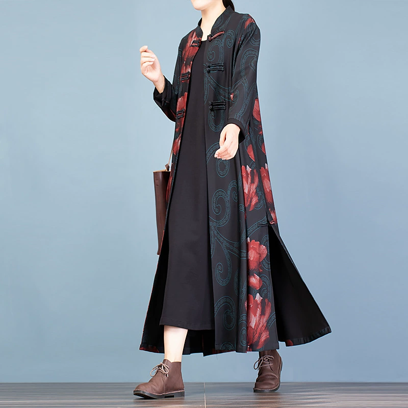 Nanas 19 mùa thu và mùa đông mới của phụ nữ nút đĩa retro in văn học áo khoác cardigan tính khí áo khoác gió rộng rãi - Trench Coat