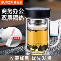 Supor double-layer glass with handle transparent portable crystal cup Office water cup Male and female teacher tea cup