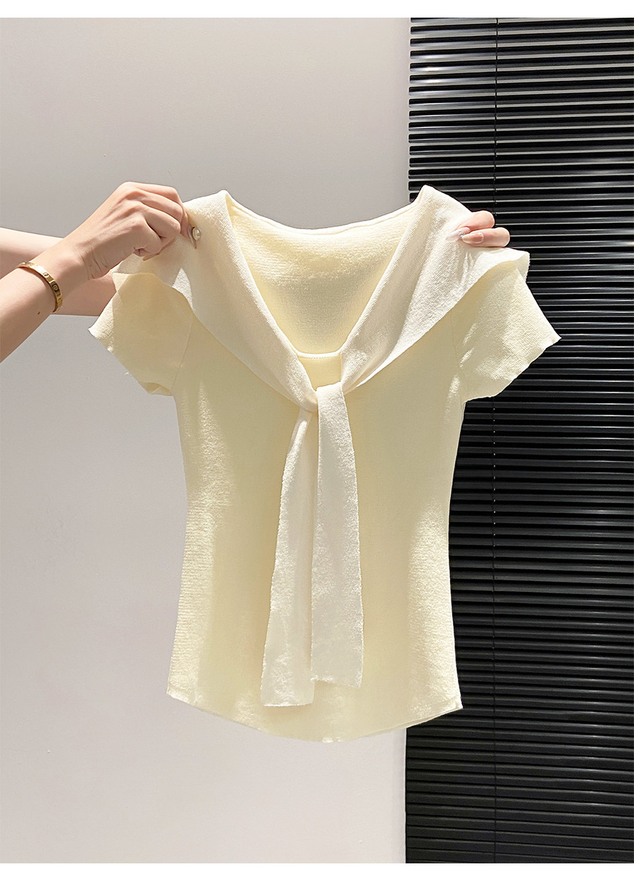 Korean Style V-Neck Ribbon Short-Sleeved Knitwear for Women, New Summer Style, Fake Two-Piece Design, Slim Fit, Elegant Top — تصویر 1