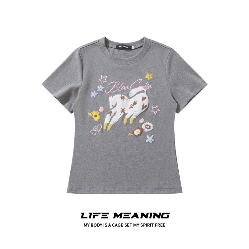 Life Meaning Flower Bubble Three-Dimensional Pony Print Short-Sleeve T-Shirt, Regular Shoulder, Slim Fit, Casual Top for Summer