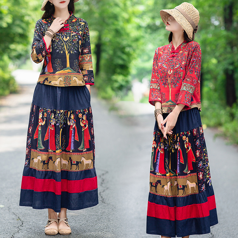Women's Ethnic Style Suit, Long-Sleeved Cotton and Linen, Large Size, Loose, Artistic, Retro, Chinese Style, Spring, Summer and Autumn Skirt, Two-Piece Set