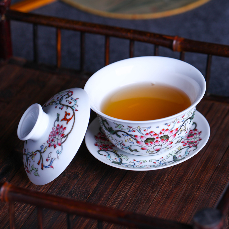 Offered home - cooked in jingdezhen porcelain tea set three to cup Jin Hongxia checking ceramic tea tureen hand - made famille rose bowl