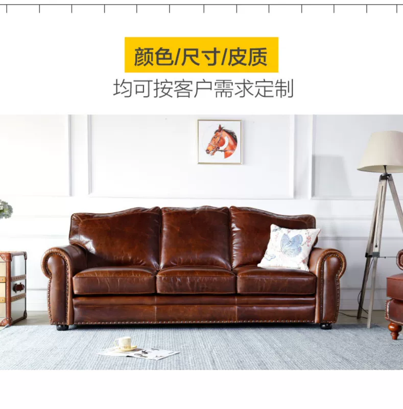 Sofa da retro của Mỹ Ý nhập khẩu dầu sáp nặng phòng khách da kết hợp sofa ba người xuống - Ghế sô pha