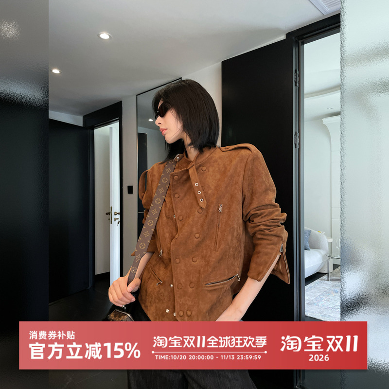 Jccc Shadow [Sand Dune Shadow] Napoleon-Style Suede Matte Retro Coffee Tone Short Autumn and Winter Jacket for Women