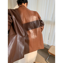 JCCC shadow black suit collar leather womens spring and autumn high-end retro loose motorcycle suit jacket jacket